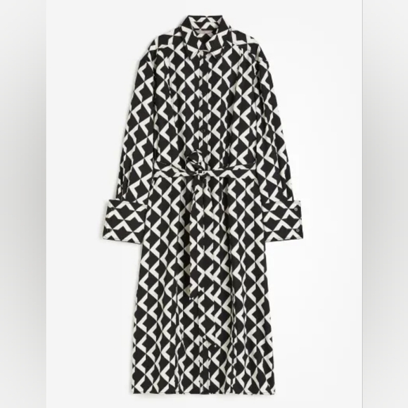 H&M Tie-belt shirt dress black & white Patternwd sz L bnwt - Picture 8 of 16